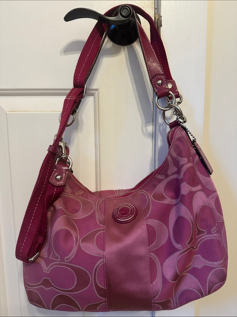Coach Magenta Signature Stripe Jacquard Hobo Shoulder Bag and Matching Wallet